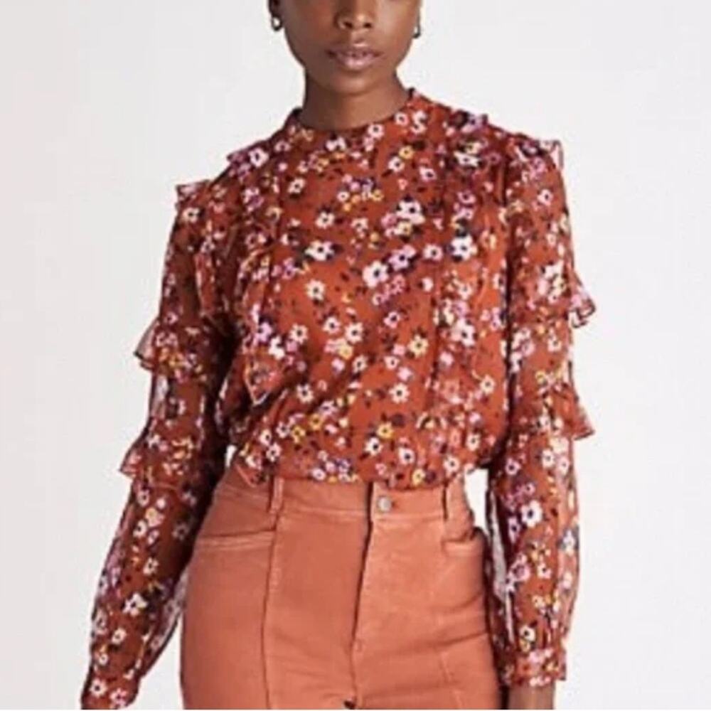 Ann Taylor Rust Floral Ruffle Long-Sleeve Blouse